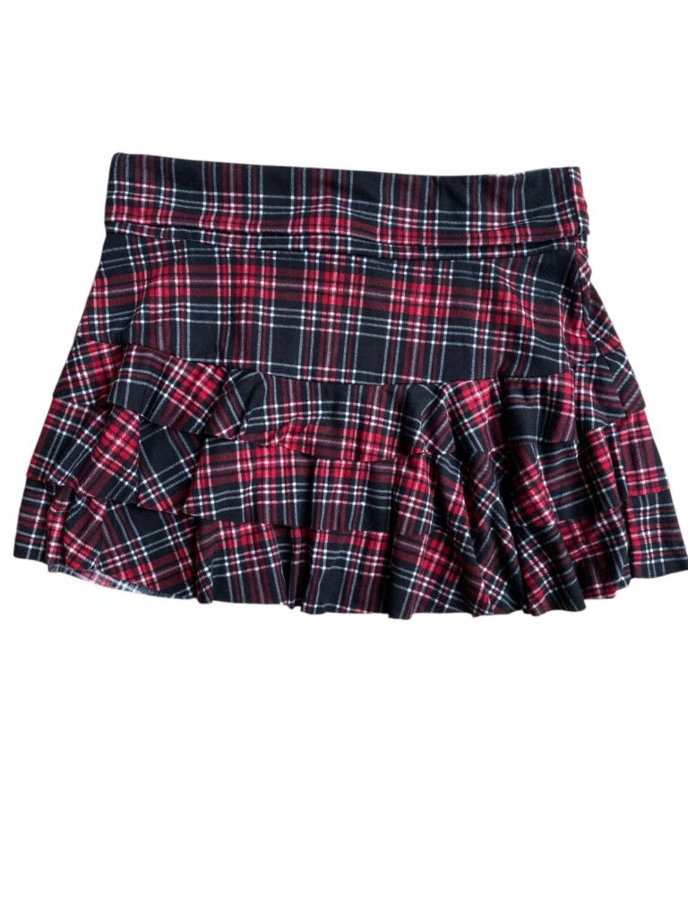 Vintage Tartan Plaid Tiered Ruffle Jersey Knit Mini Skirt Academia Goth Y2K-S